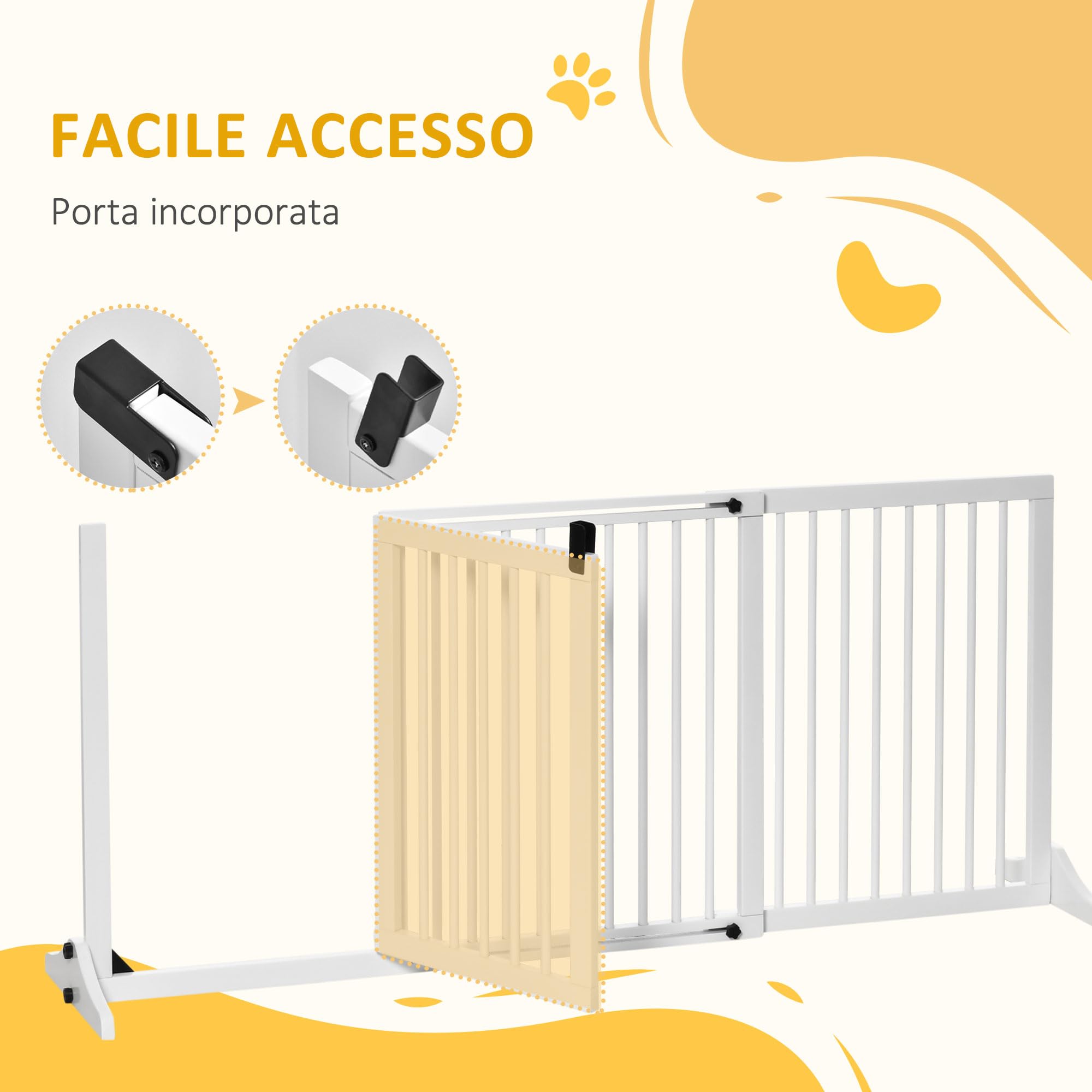 PawHut Cancellino per Cani Medio-Piccola 113-166x36x71cm Bianco | 3 Pannelli, Regolabile, Cancelletto di Sicurezza, 2 Piedini, Serratura, Legno di Pino