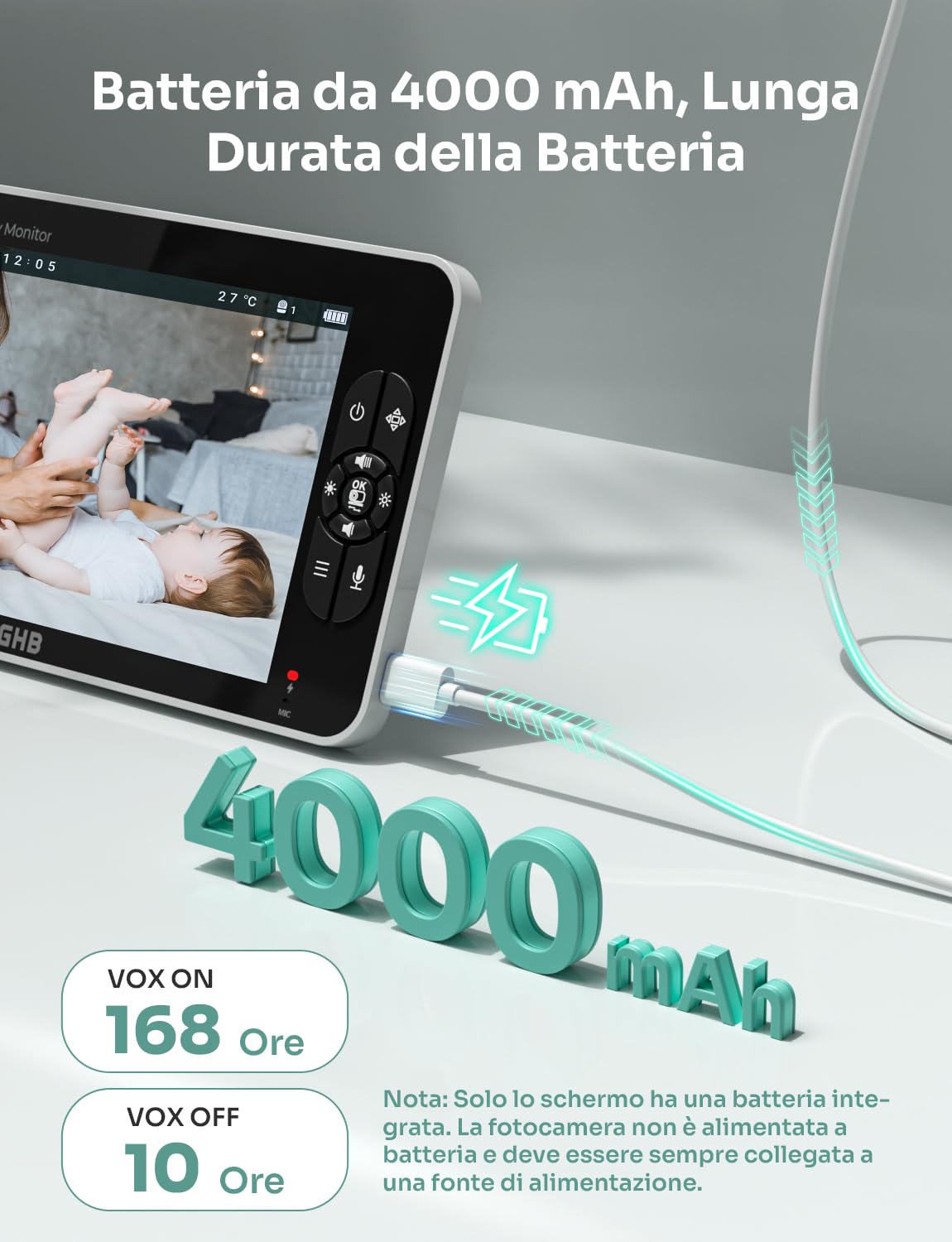 GHB Baby Monitor Video e Audio Schermo 7'', 168 Ore di Autonomia, 350°/90°, 1080P, 4000mAh, Modalità VOX, Visione Notturna, Rilevamento della Temperatura, Visualizzazione a Schermo Diviso