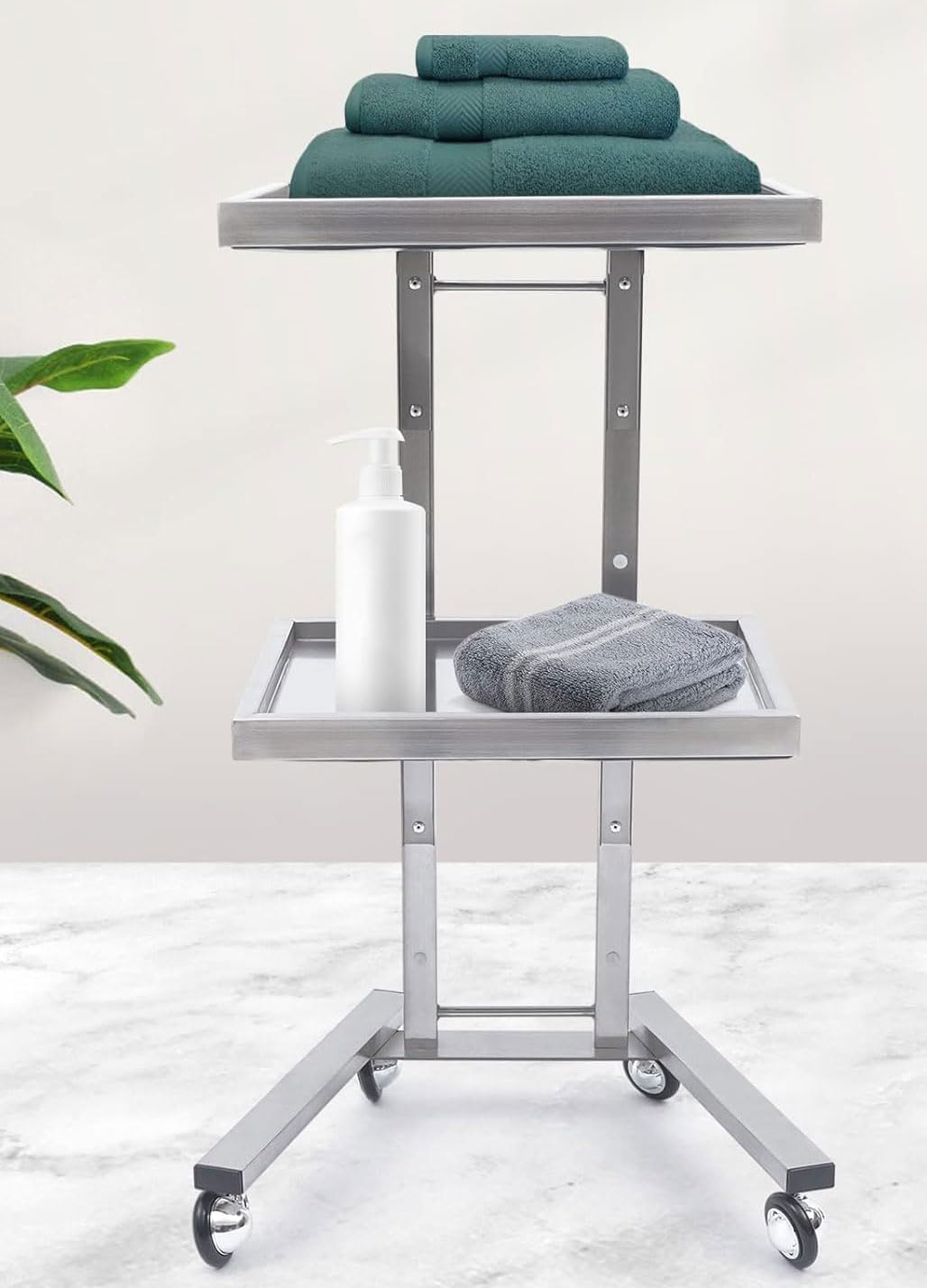 ZLGONRL Salon Tray on Wheels, Stainless Steel Esthetician Cart, Foldable 2 Tier Medical Trolley Cart, Rolling Tool Trolley Cart for Salon Shop