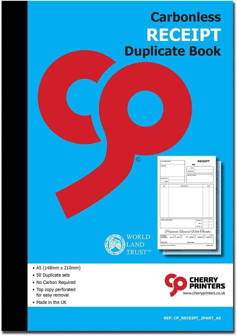 Cherry Carbonless Receipt Duplicate Book A5 | 50 Duplicate Sets | 2-Part NCR Perforated Top Copy for Easy Removal | Payment Received Forms | Made in The UK | Compact Size | 210mm x 148mm **2 Pack**