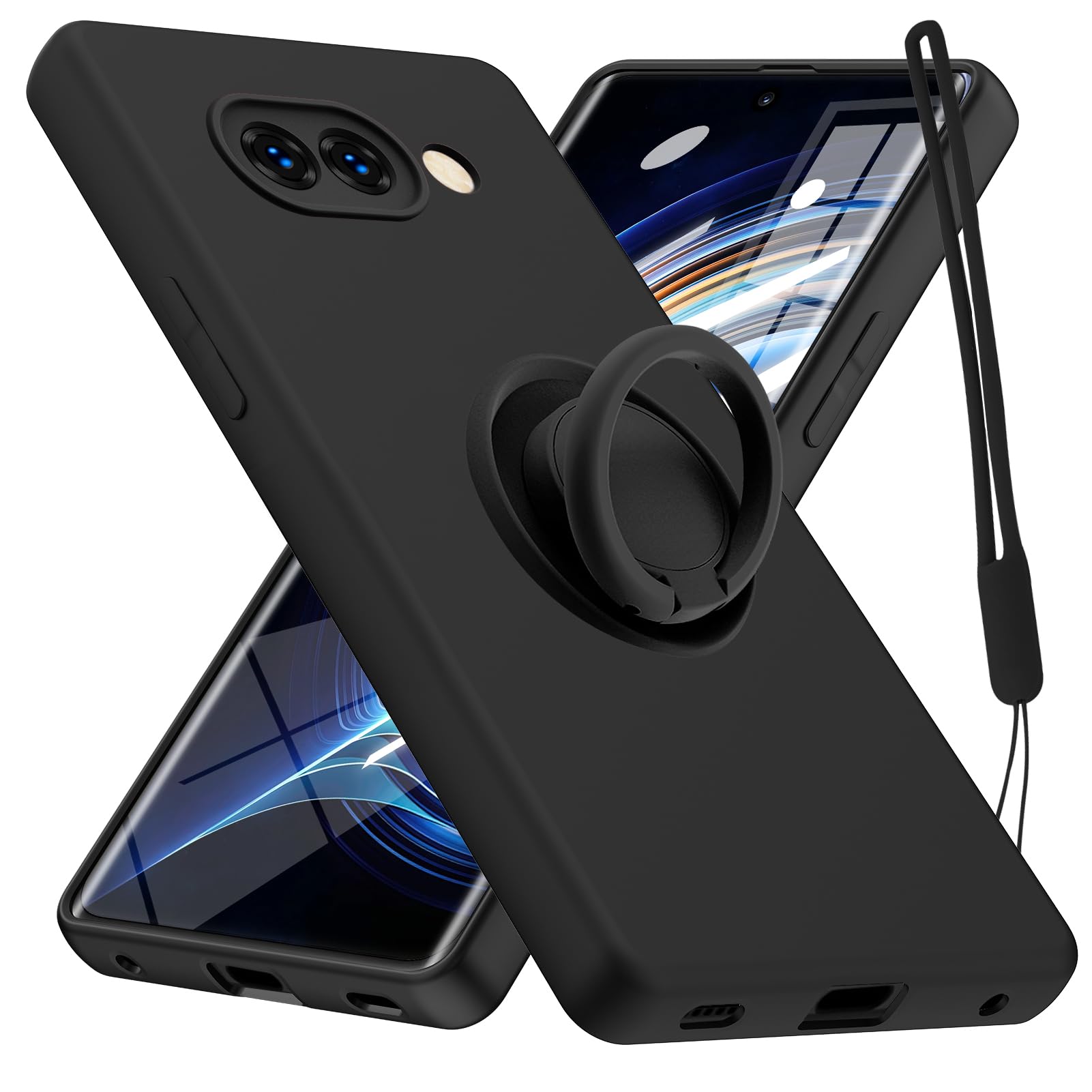 Google Pixel 9A 用 ケース リング付き シリコン 耐衝撃 ストラップホール付き TPU ソフト カバー 薄型 スタンド機能 車載ホルダー対応 リストストラップ 落下防止 防塵 軽量 一体型 変形防止 全面保護カバー ピクセル 9a 用 ケース 黒 W-YZHS-06-01