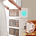 3 Tier Plastic Stackable Storage Bins with Lids, Foldable Storage Box with Magnetic Doors and Wheels, Storage Container for Cabinet Closet Storage, Book, Clothes, Food Organization and Storage