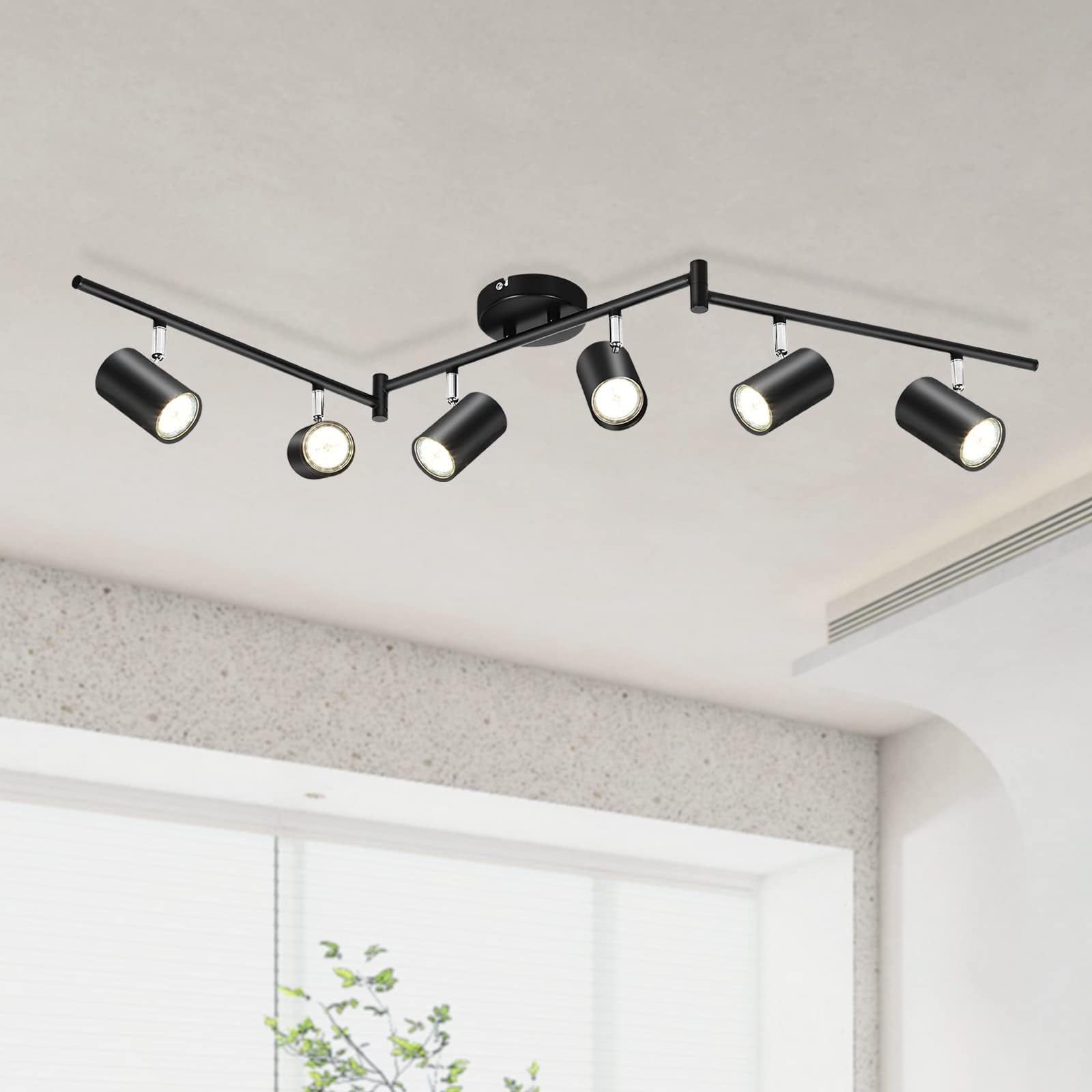 Kimjo 6 Light Black Track Lighting Kit, LED Track Lighting Fixtures Ceiling, 6-Way Ceiling Spot Lighting with Adjustable Light Heads & GU10 Socket for Kitchen, Dining Room, Bar, Living Room