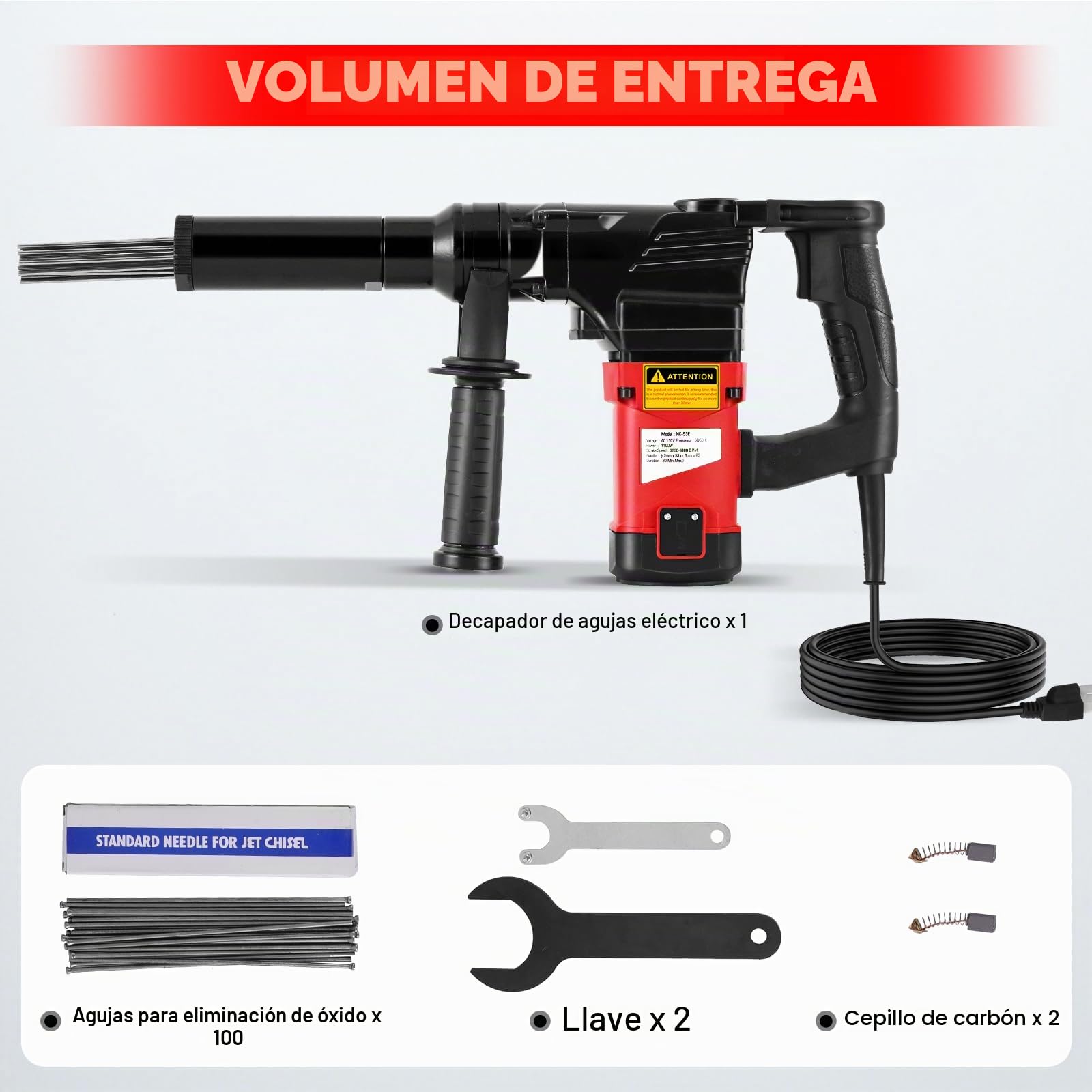 YUCHENGTECH Escalador de Agujas Electrico 1100W | Pistola Eléctrica de Desoxidación Con 100 Agujas de Acero Escalador de Agujas para Quitar óxido Escoria Soldadura y Pintura