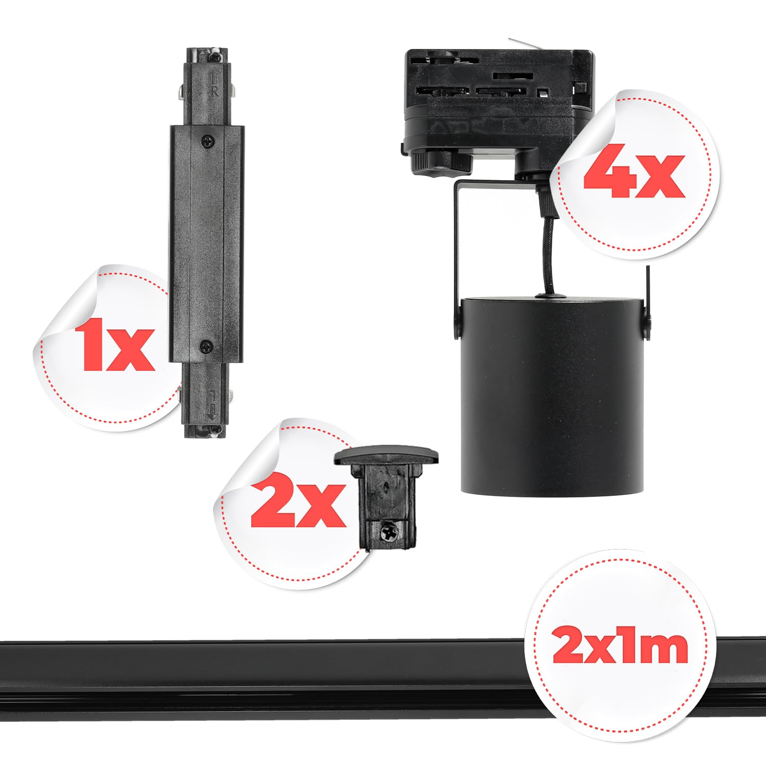 3-Phasen-Schienen-Set NEXTRACK - Schienensystem Komplett-Set 4x GU10 Strahler + 2x 1m Stromschiene + Schalter I Schwarz