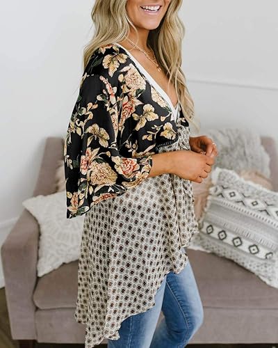 Miniatura 2 de Kimono Floral para mujeres estilo cárdigan, manga 34 con Volantes Ligero, Patchwork Flowy Boho Tie Loose Cover Ups