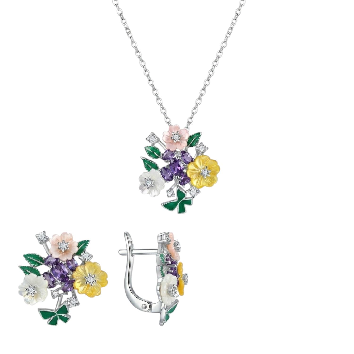 Jewellery Spring Bouquet Silver Set | Multicolor Floral Pendant Necklace With Matching Earrings | Jewellery Combo Collection For Girls & Womens-image-37