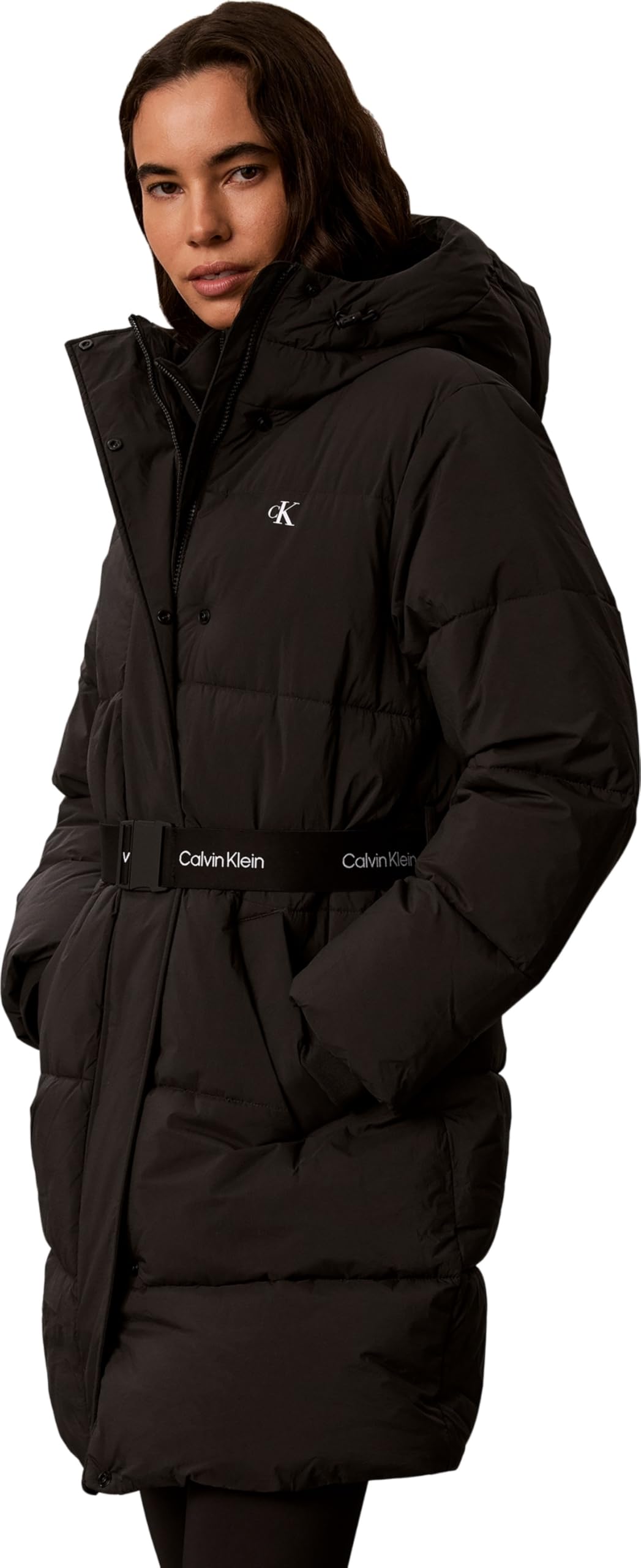 Calvin Klein Women’s Belted Mid Weight Long Down Coat, Black (Black), M