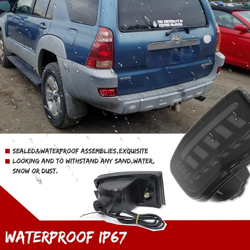 for 2003-2005 Toyota 4Runner, 2002-2009 Toyota Land Cruiser Prado 120 Rear Bumper Reflector Sequential Turn Signal Brake Tail Lights Smoked Lens 3 IN 1 LED Fog lamp