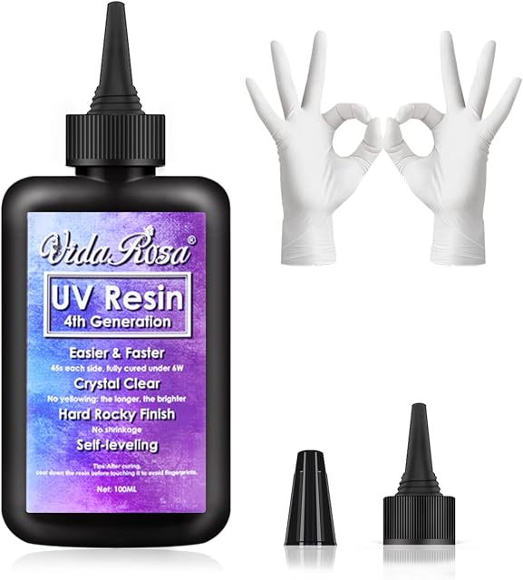 VidaRosa UV Resin 100g Hard Type Crystal Clear for Resin Art, Jewelry Making, Crafts DIY, Casting & Coating, Fastest Curing UV Resin, Yellowing Resistant, with 1 Pair Disposable Gloves