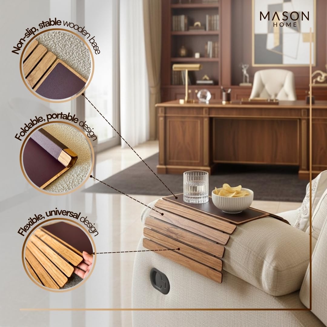 MASON HOME Sofa Rectangular Armrest Tray - Light Brown Full Grain Bamboo Wood with Anti Slip Pad | Dining Tray | Home & Office Décor | Furniture | Serving Platter for Drinks - Appetizer - Snack Bowls 1