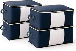 Kit com 4 Bolsas Organizadoras Grandes Roupas de Cama Sapatos Brinquedos Tamanho 60x40x35 Multiuso Fechamento com Zíper Alças Laterais Dobrável Flexível Visor Transparente - ECOMLAR® (Azul)