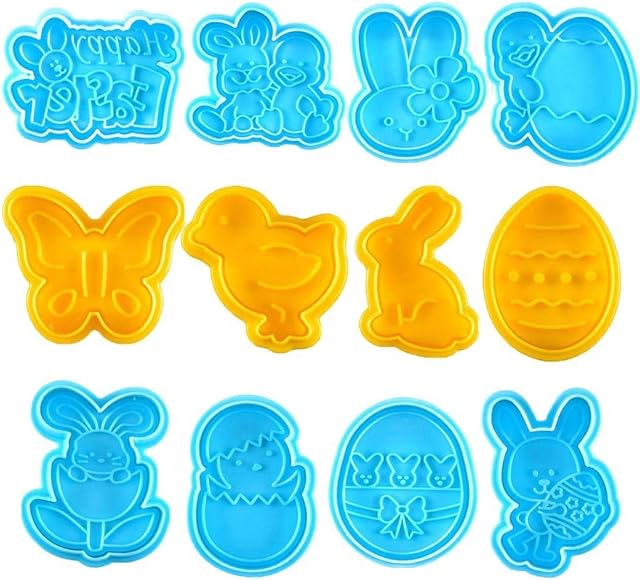 Acewen 12Pcs Animal Biscuit Mould 3D Easter Cookie Cutters Set Easter Plunger Cutters Plastic Cookie Pressing Cutter Set Embossing Mold Spring Die Biscuits Pastry Cutter Set
