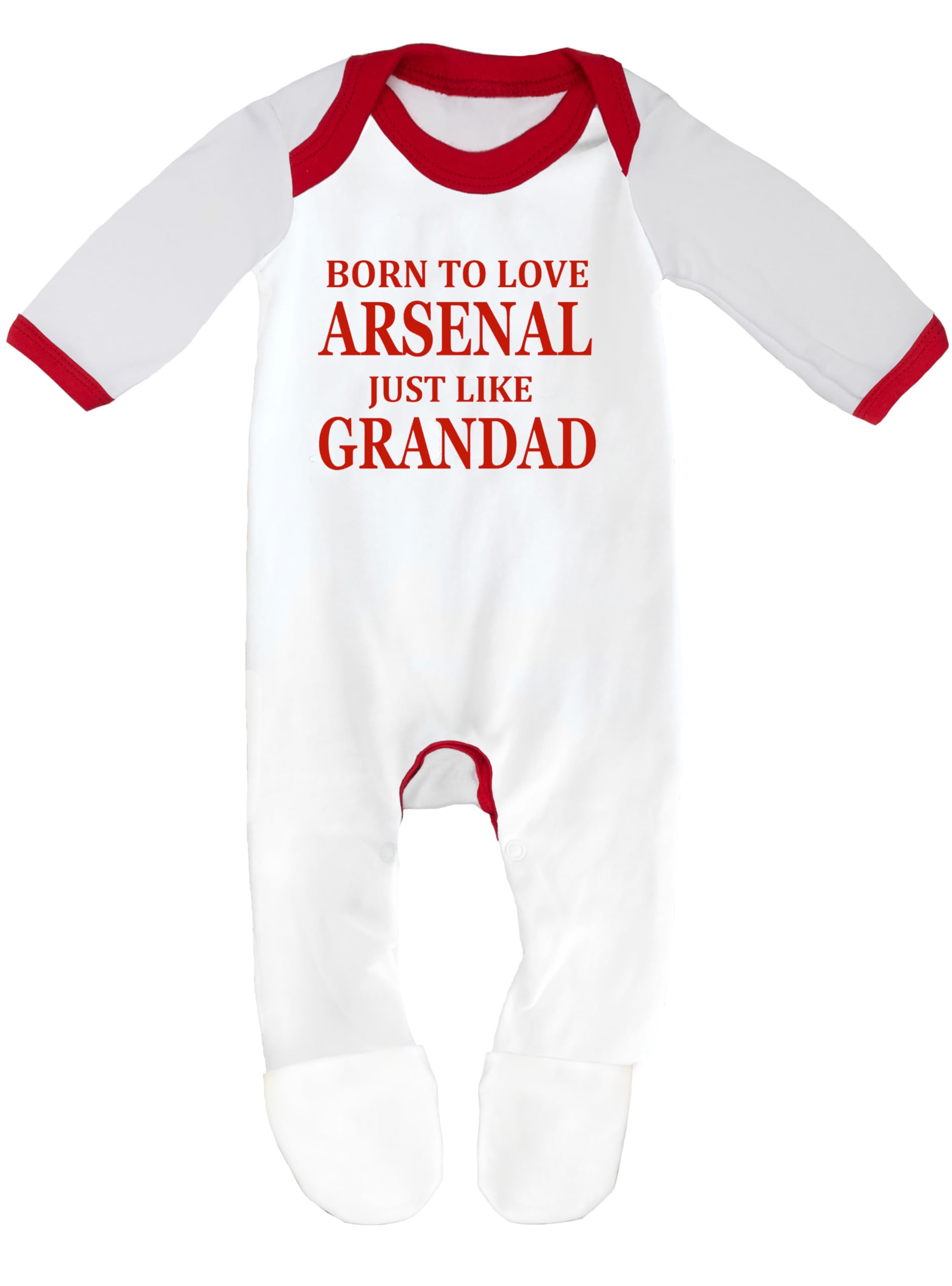 Cheekytots Arsenal Baby Sleepsuit 'Born To Love Arsenal Just Like Grandad Soft 100% Combed Cotton Football-Themed Baby Sleepsuit for Football Fans (UK, Age, 0 Months, 3 Months, White/Red Trim)
