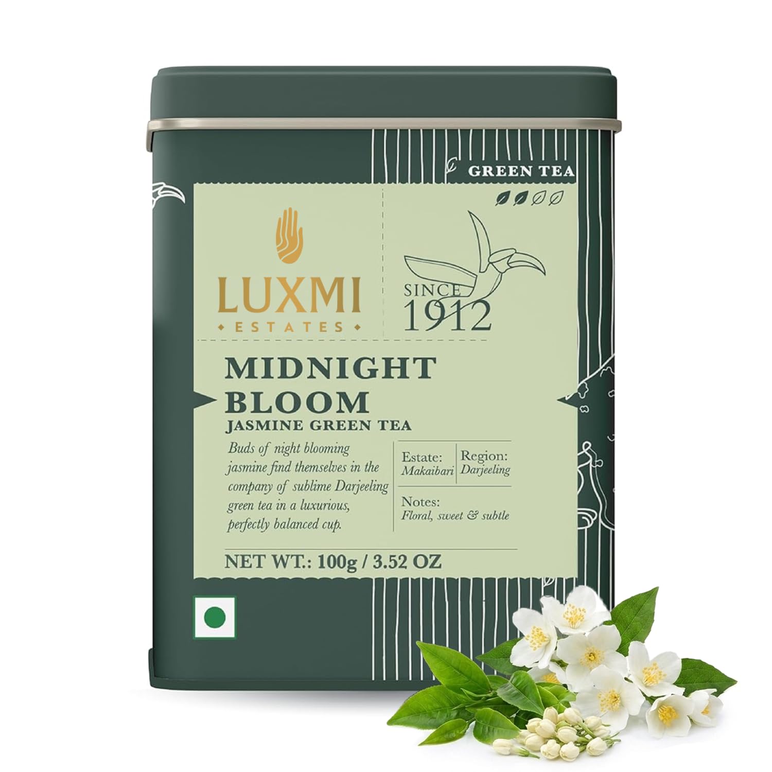 Luxmi Estates Jasmine Green Loose Leaf Tea 100g/3.52oz (50 cups), Midnight Bloom in Tin Caddy Jasmine Green 100 g (50 cups)