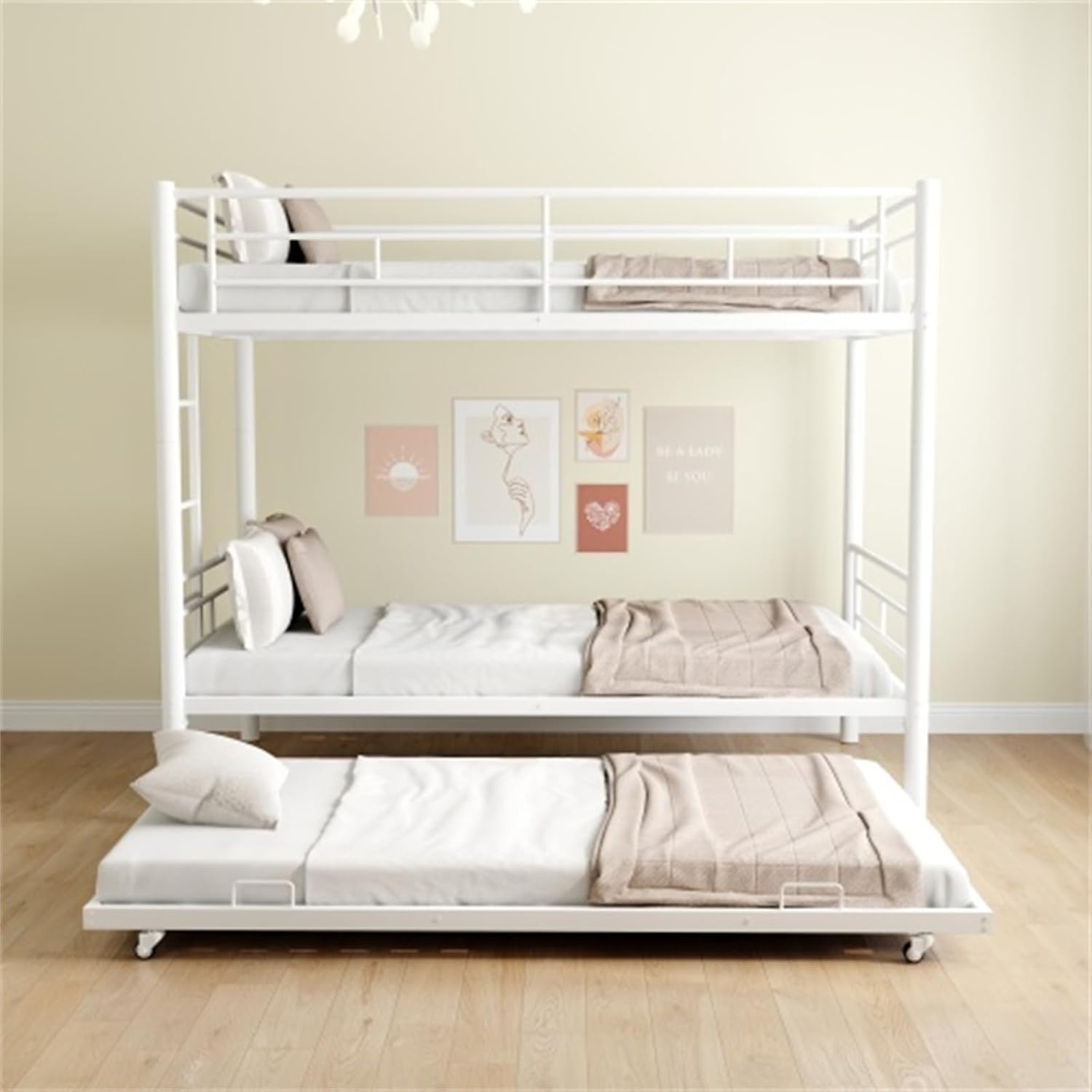 Heavy-Duty Sturdy Metal Twin Over Twin with Trundle Bunk Bed/l/Noise Reduced/Safety Guardrail/No Box Spring Needed,White