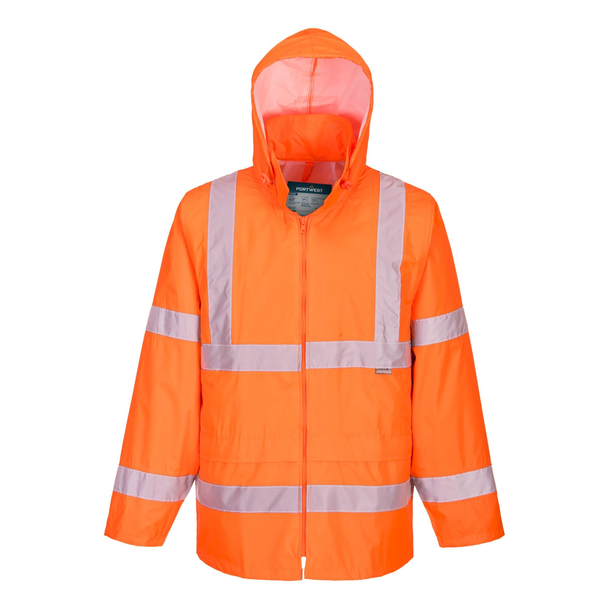 Portwest H440 Waterproof Hi Vis Rain Jacket Mens Reflective Protective Wear Lightweight Hooded Work Coat Breathable Safety Jacket Bio Motion Tape Two Lower Pockets, Orange, XL