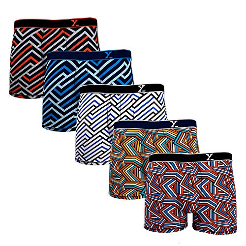 Image of XYXX Men's underwear Linea IntelliSoft Antimicrobial Micro Modal Trunk Pack OF 5 (Red & Black Stripe ; Brillant Blue & Black Iris Stripe ; White & Brillant Blue Stripe ; Navigate Yellow Multi Stripe ; Red & White Multi Stripe; L)