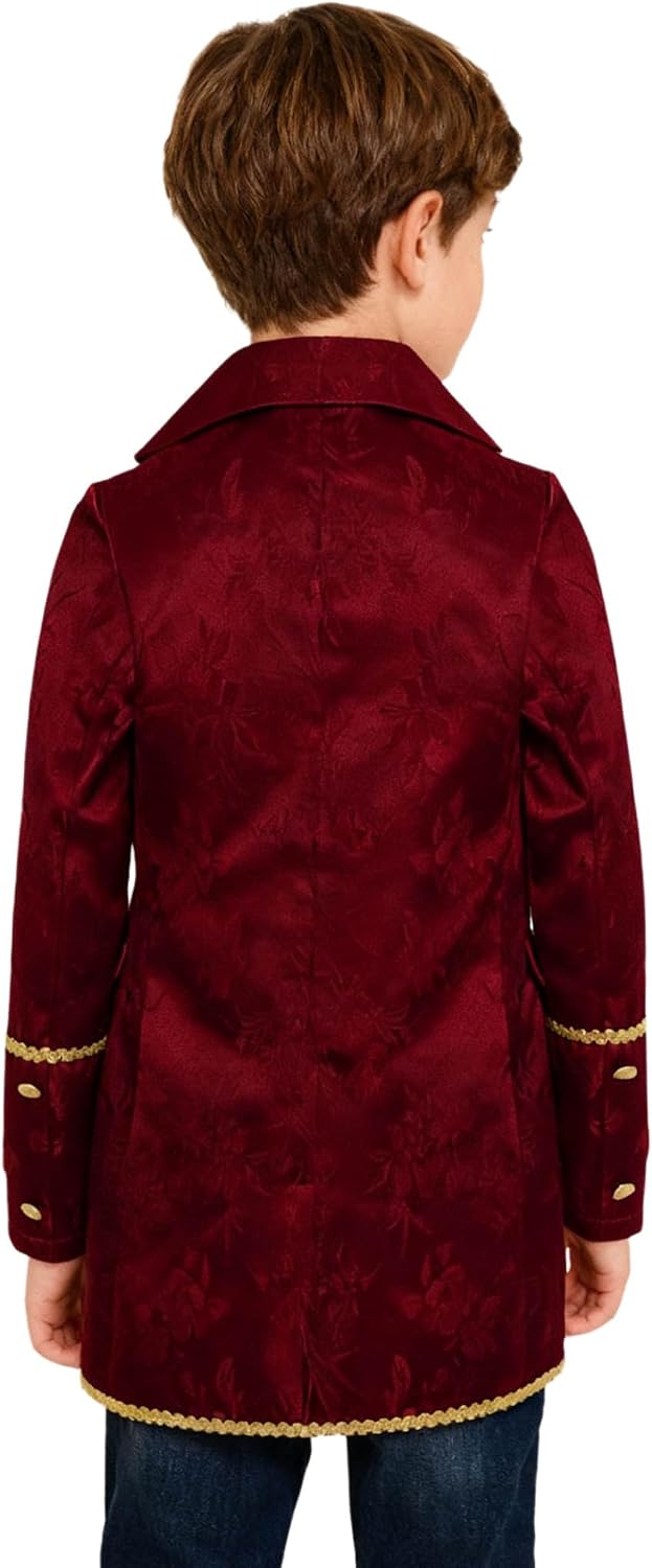 JEYPINMI Medieval Steampunk Tailcoat for Boys Long Sleeve Gold Trimming Jacket Victorian Uniform Coat Burgundy 6 Years