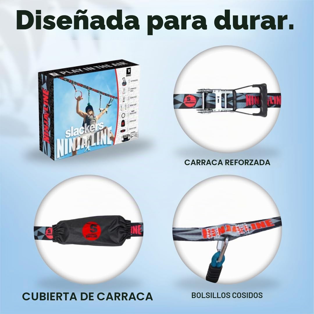 Slackers Ninja Line Starter Set - Recorrido Colgante al Aire Libre & Slackline para niños Mayores de 5 años- Juego Completo con 11 m de Slackline, 7 obstáculos, trinquete & Bolsa de Transporte