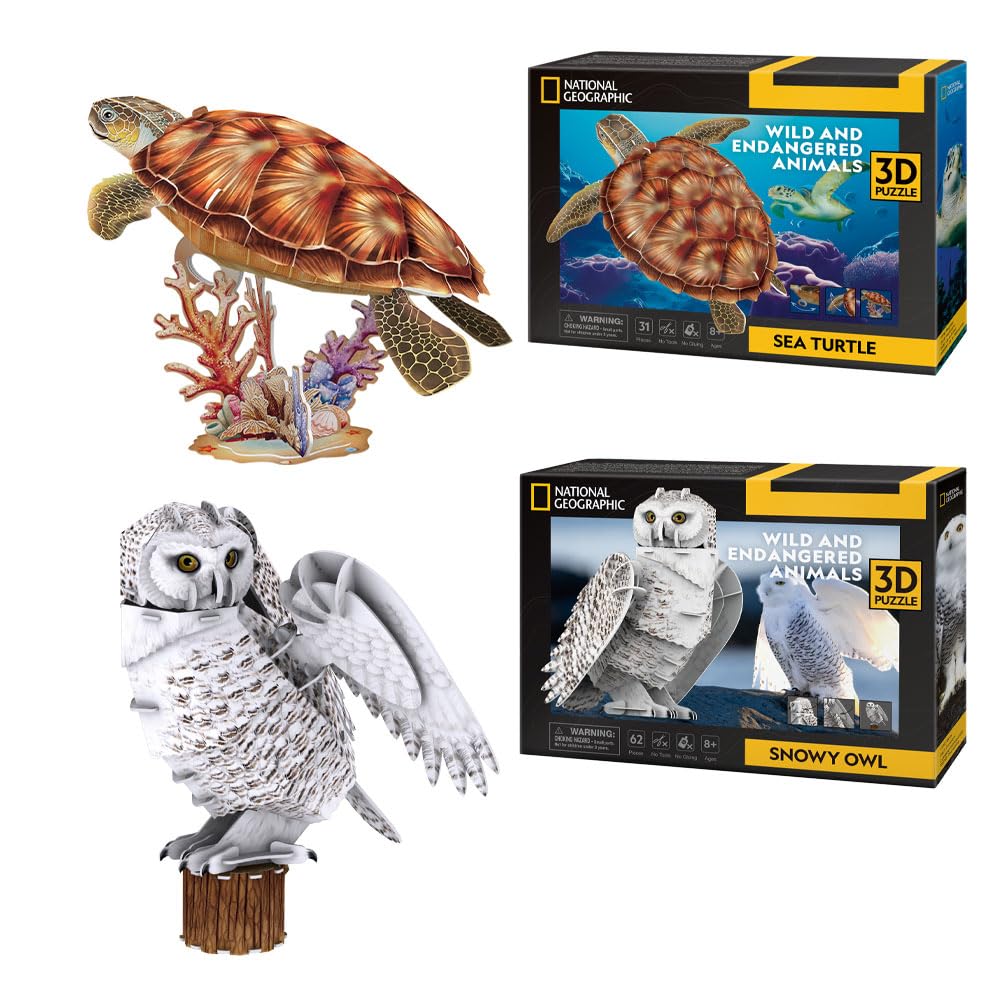 National Geographic - Tartaruga Marina + Gufo Delle Nevi | Puzzle 3D Bambini | Costruzioni 3D Puzzle | Regalo Per Bambini | 31 Parti e 62