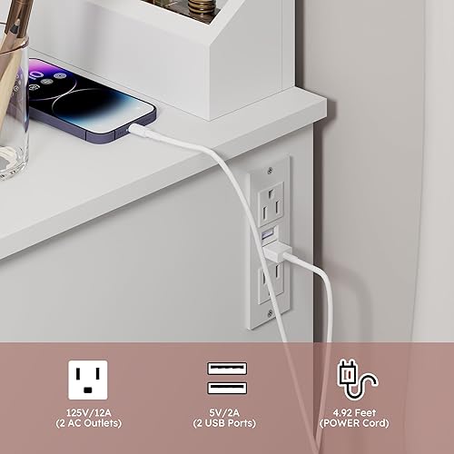 Miniatura 4 de Escritorio de tocador de maquillaje con espejo iluminado y toma de corriente, tocador con gran espacio de almacenamiento y taburete acolchado para