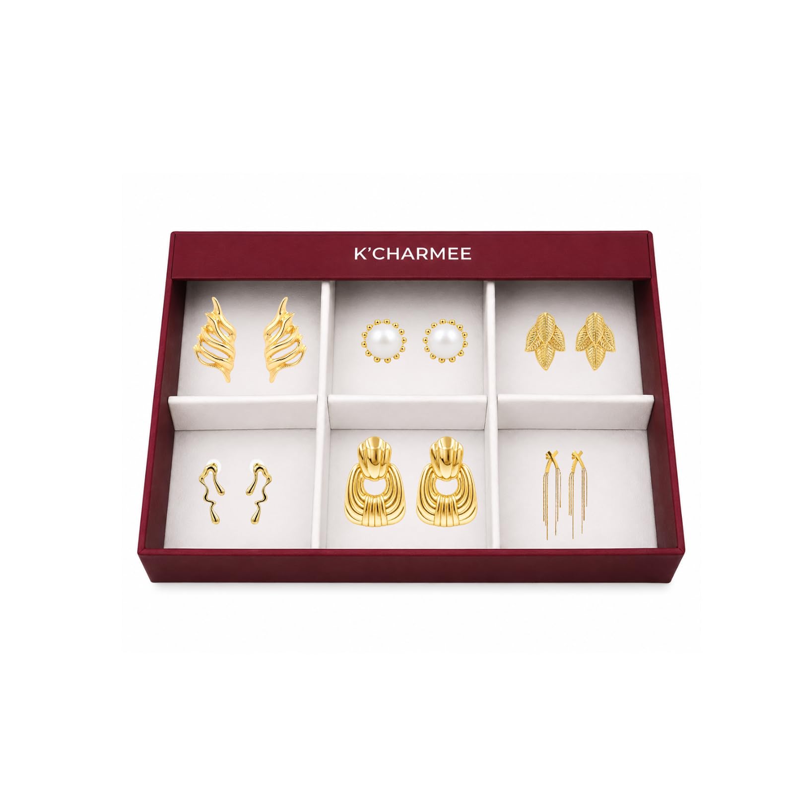 Gold Plated Earrings Set | Combo 6 Stylish Stud, Hoop, Statement & Cuff Designs with Premium Organizer Box-image-33