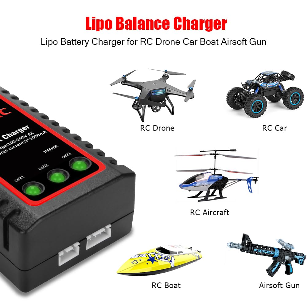 Haisito Caricabatterie Lipo per Pacco Batteria 2S 3S (7,4 V, 11,1 V), Compatto Caricabatterie Rapido Bilanciamento Batteria Caricabatterie (100-240 V) per RC Quadcopter Drone Car Boat