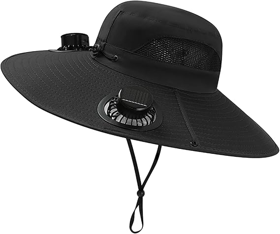 Photo 1 of Solar Power Fan Hat, Men's Hiking & Outdoor Recreation Hats | Wide Brim Solar Fan Fishing Hat, Bucket Beach Hat with Fan Built-in. Black