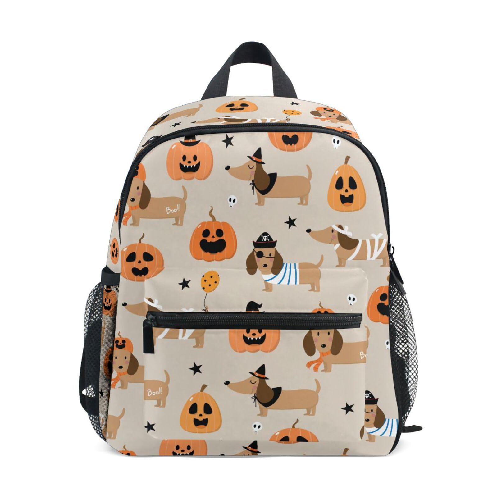 Meocouoe Toddler Halloween Dachshund Pumpkin Backpack for Girls Boys Preschool Kindergarten Backpack School Bag for Daycare Bookbag for Ages 3-8