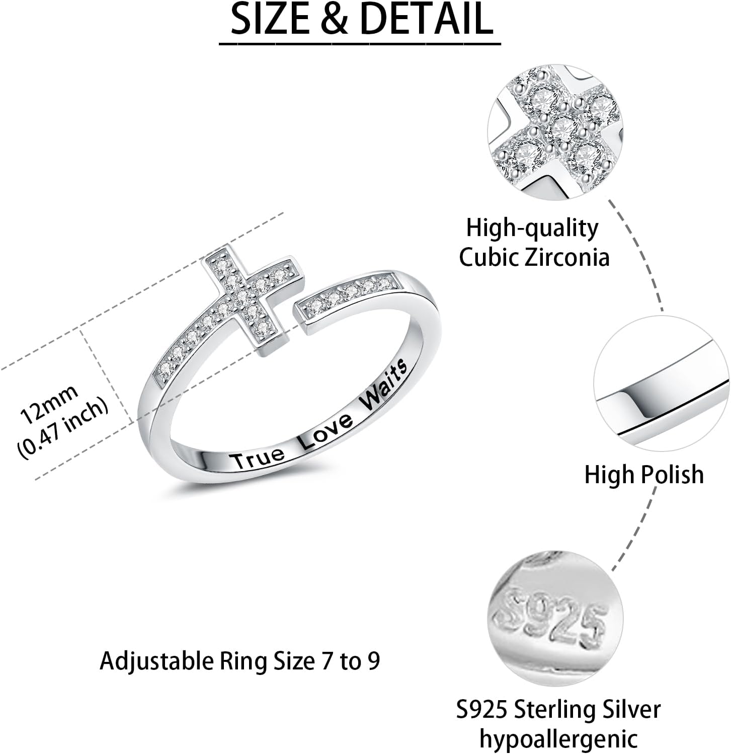 925 Sterling Silver Cross Ring – Adjustable Christian Ring for Women Engraved True Love Waits, Minimalist Religious Faith Jewelry, Size 7-9
