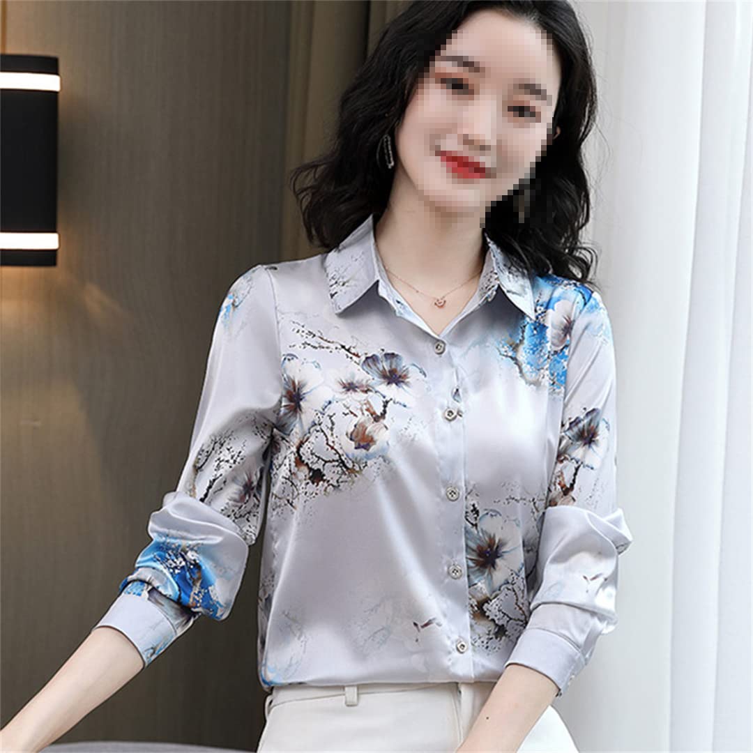 Camisas de Seda para Mujer Blusas Camisa de Manga Larga con Estampado de Leopardo Tops Blusa de Trabajo Floral de satén para Mujer pic-10 S