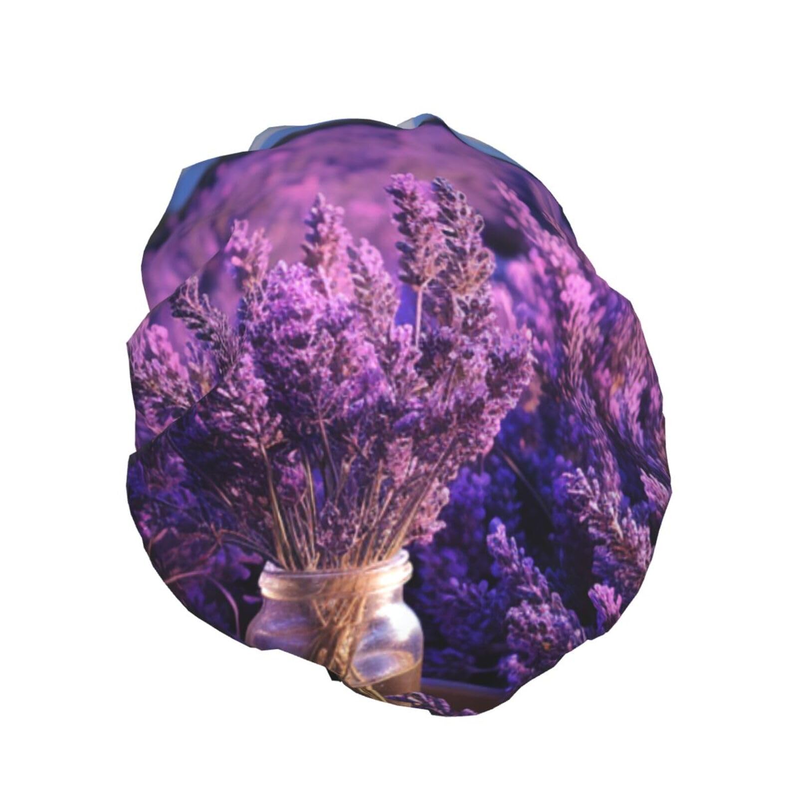 Romantic Lavender Shower Cap for Women Reusable Waterproof Shower Bonnet Washable Elastic Band Bath Hair Hat Double Layered Bath Cap Extra Large for Long Hair