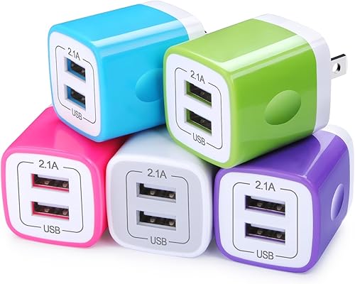 FiveBox - Adaptador de cargador de pared USB, paquete de 5 unidades, 2.1 amperios, enchufe USB de pared de doble puerto, cargador de bloque de