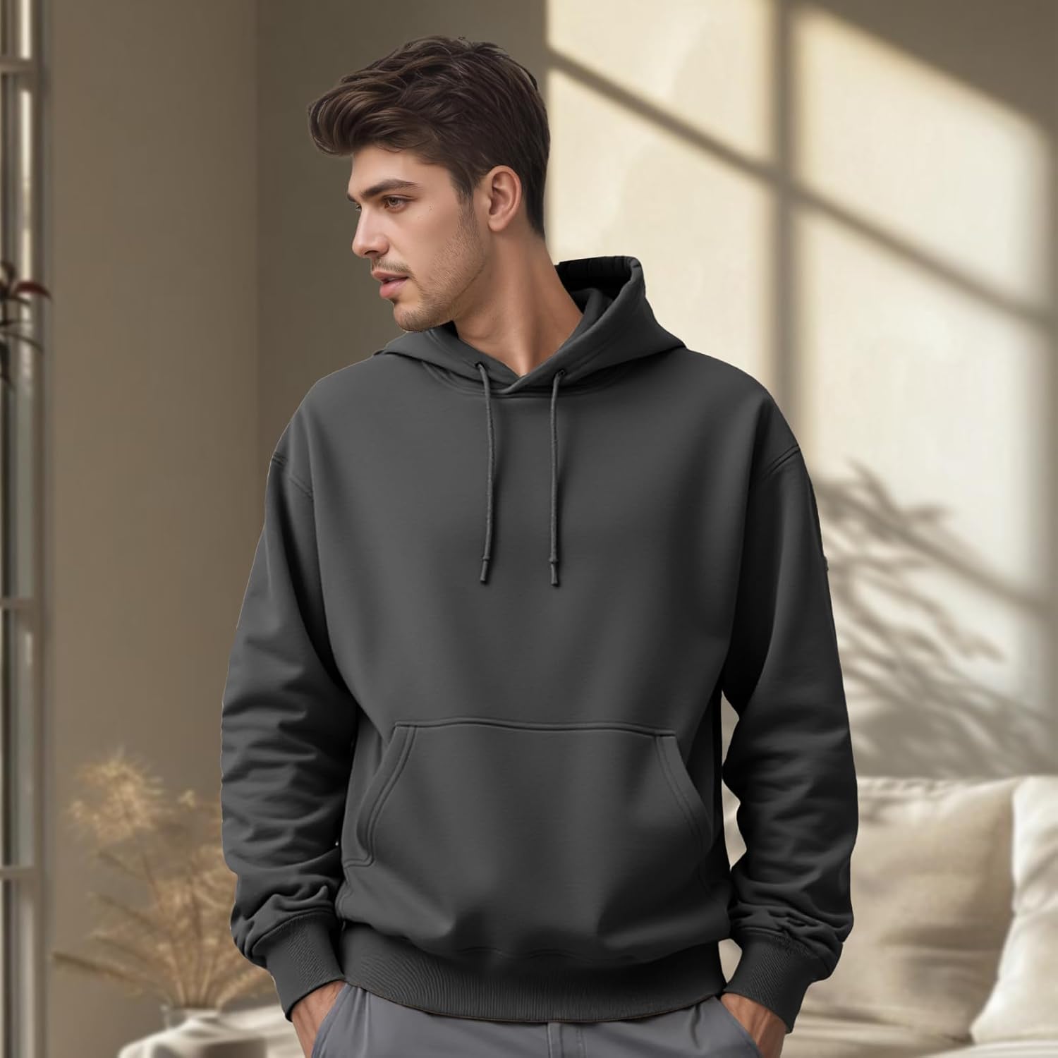 Mens Cotton Hooded Fashion Long Sleeve Hoodies Casual Drawstring with Pockets Pullover Sweatshirt for Men - Image 3