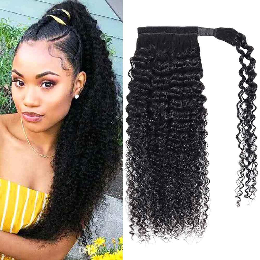 Adette 18 inches 100% Human Hair Curly Ponytail Wrap Around Ponytail Hair Extensions Magic Paste Ponytails with Comb Clip in Curly Pony Tails for Black Woman