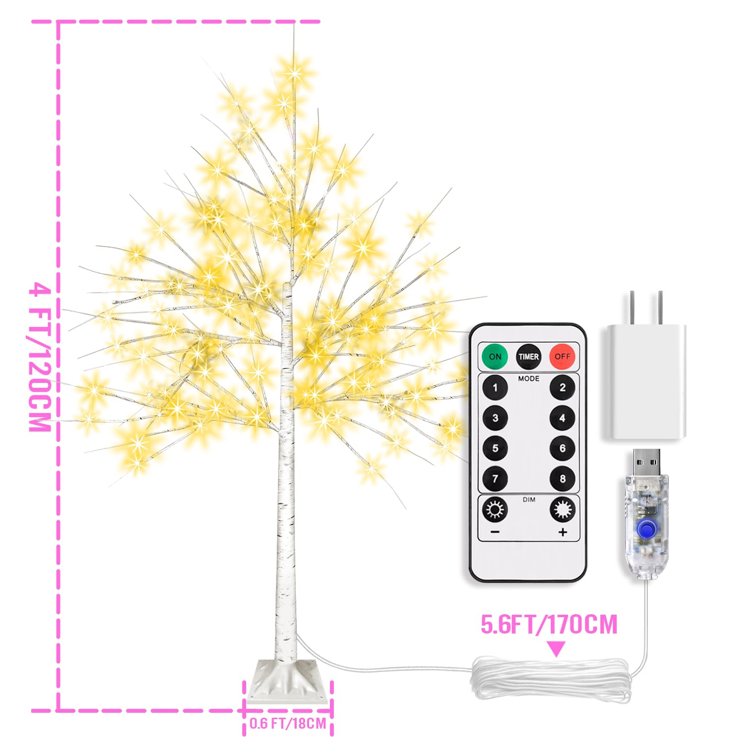 180cm (6ft) LED Birch Tree With 160 Warm White Lights - 8 Modes, Timer, Dimmable, Bendable Branches For Home & Party Decor