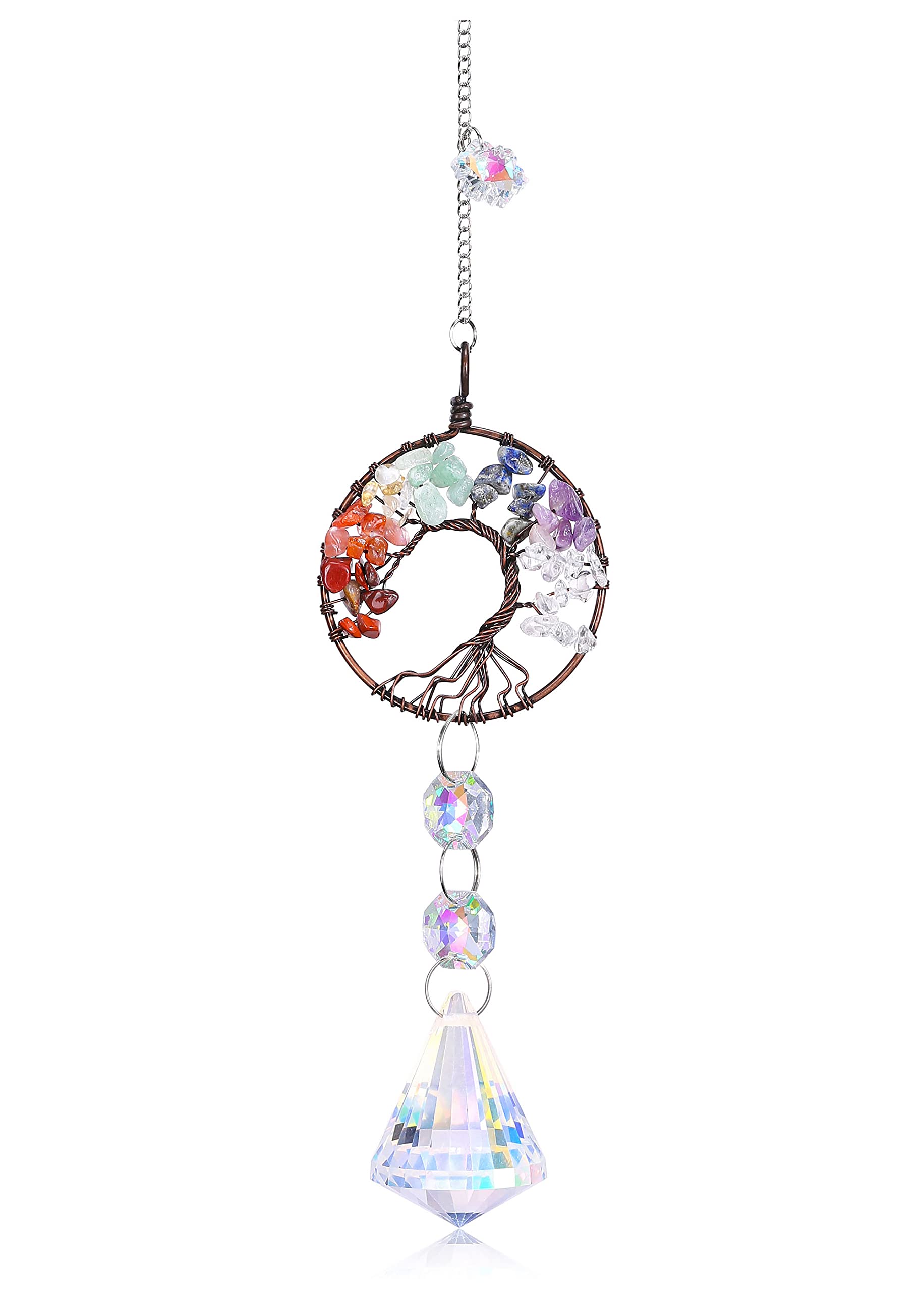 JSDDE 7 Chakra Crystals Tree of Life Suncatcher Rainbow Makers Glass Healing Crystal Gemstone Sun Catchers Hanging Ornament for Windows Home Garden Decor