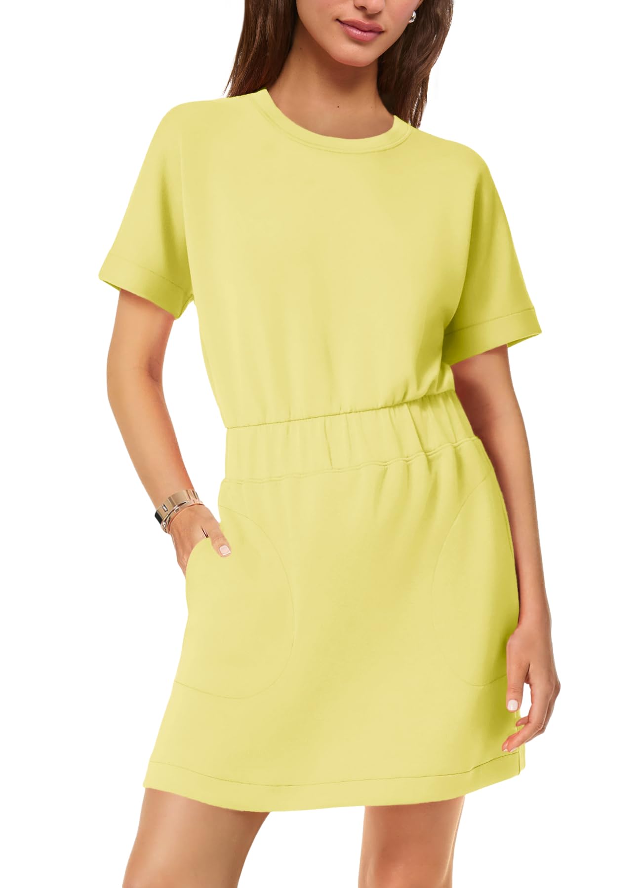 SENSERISE Womens Short Sleeve T Shirt Dresses Crew Neck Solid Color Basic Smocked Waist Dress with Pockets