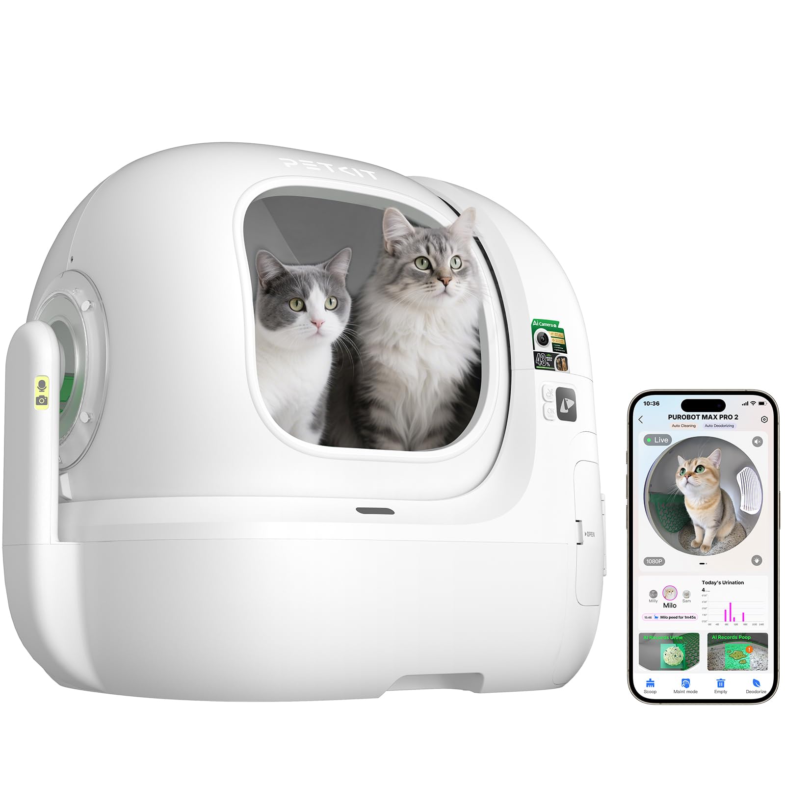 PETKIT PUROBOT MAX PRO 2 Lettiera Gatto Autopulente, Fotocamera AI, Ingresso Ultra Largo, Visione Notturna 210°, App WiFi 2,4/5GHz, Imballaggio Senza Contatto, Monitoraggio Salute, Multi-Gatto
