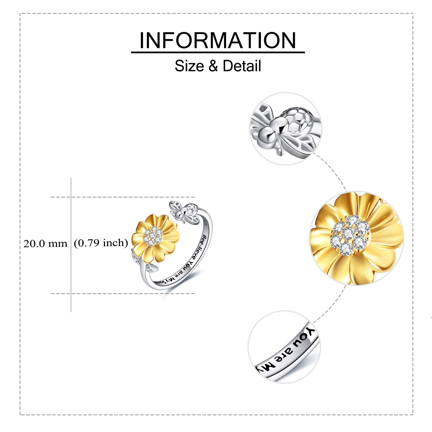 YFN Anillo girasol plata esterlina abeja anillo regalo de joyería para mujeres niñas