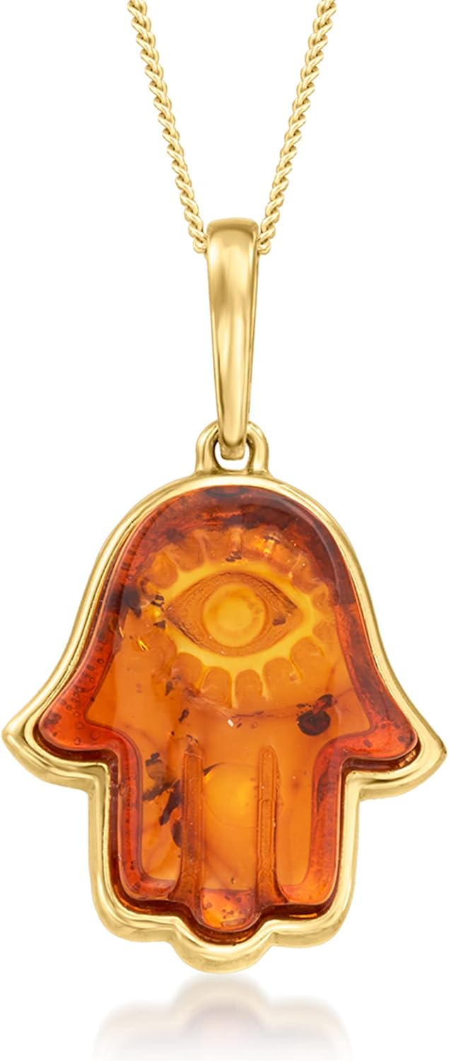 Ross-Simons Amber Hamsa Pendant Necklace in 18kt Gold Over Sterling. 18 inches