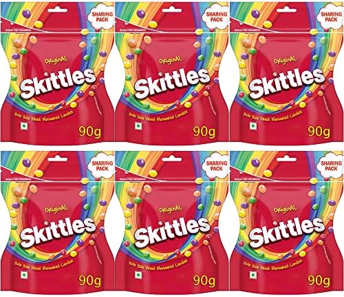 Skittles Original Chewy Fruit Candy Sharing Pack, Bite-Size Fruity Flavours (Lemon,Apple,Grape,Strawberry,Orange), Imported Candies, 90G, Pack Of 6, 638 Gram