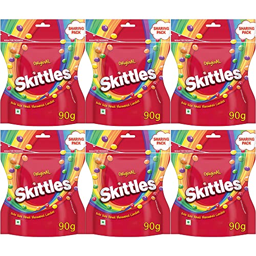 Image of Skittles Original Chewy Fruit Candy Sharing Pack, Bite-Size Fruity Flavours (Lemon, Apple, Grape, Strawberry, Orange), Imported Candies, 90g, Pack of 6