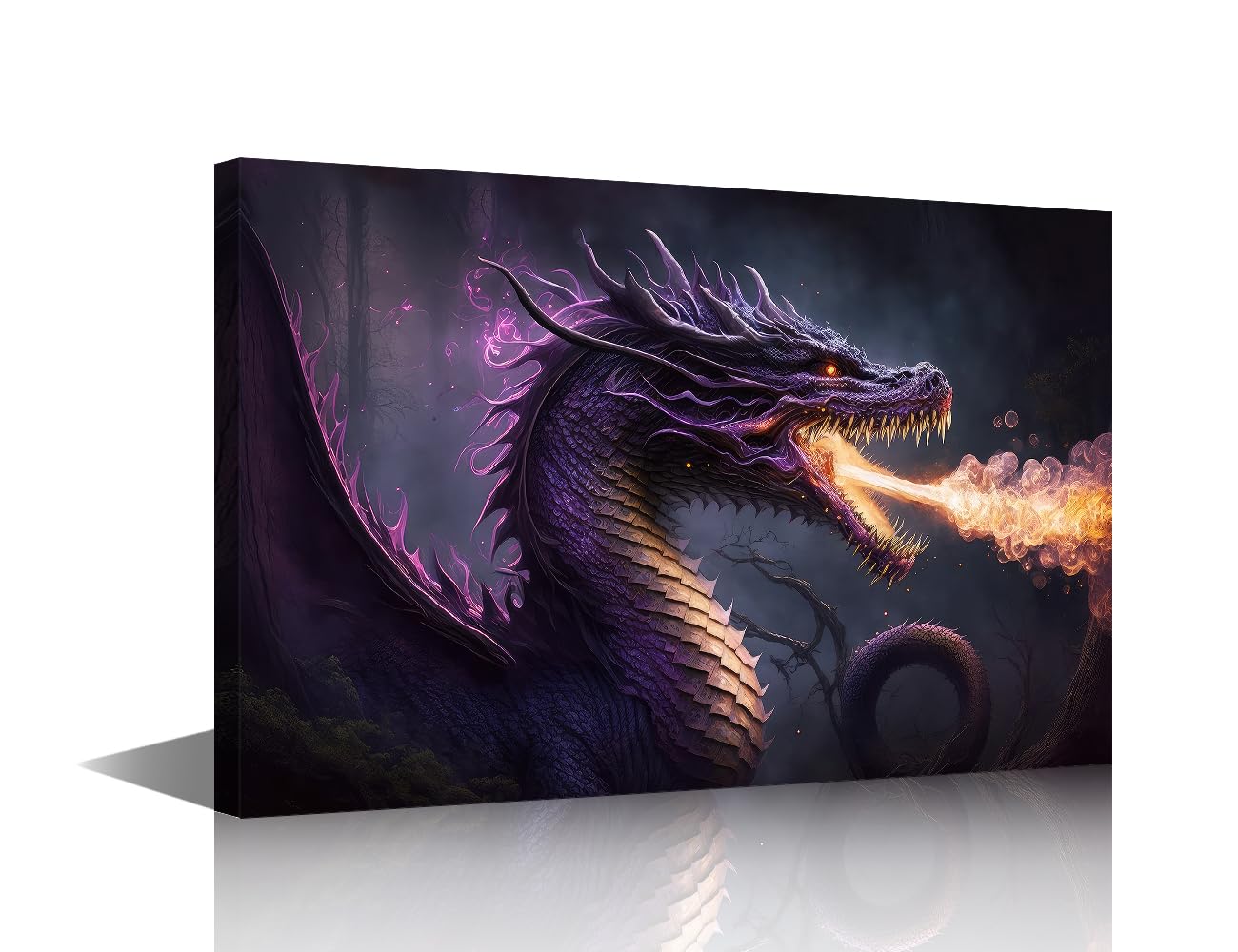 TISHIRON Winged Fire Dragon Canvas Wall Art for Living Room Purple Dragon Modern Abstract Painting Animals Picture for Bedroom Office Home Wall Decorations Frame Wall Decor, 12x8in — image 1