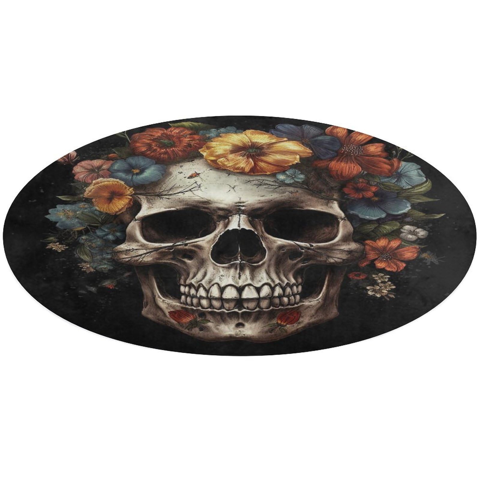 Tapis rond pour chambre et salle de bain motif tête de mort et fleurs