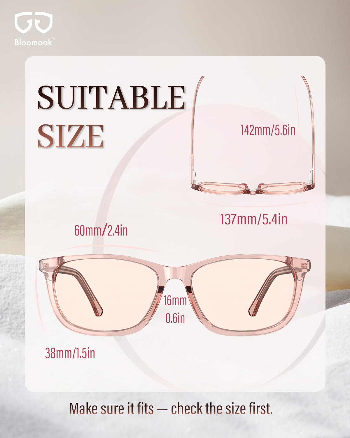 Bloomoak Różowe przyciemniane okulary migrenowe, FL- Flex okulary łagodzące czułość światła do fluorescencyjnego blasku LED, światłowstręt, zmęczenie oczu