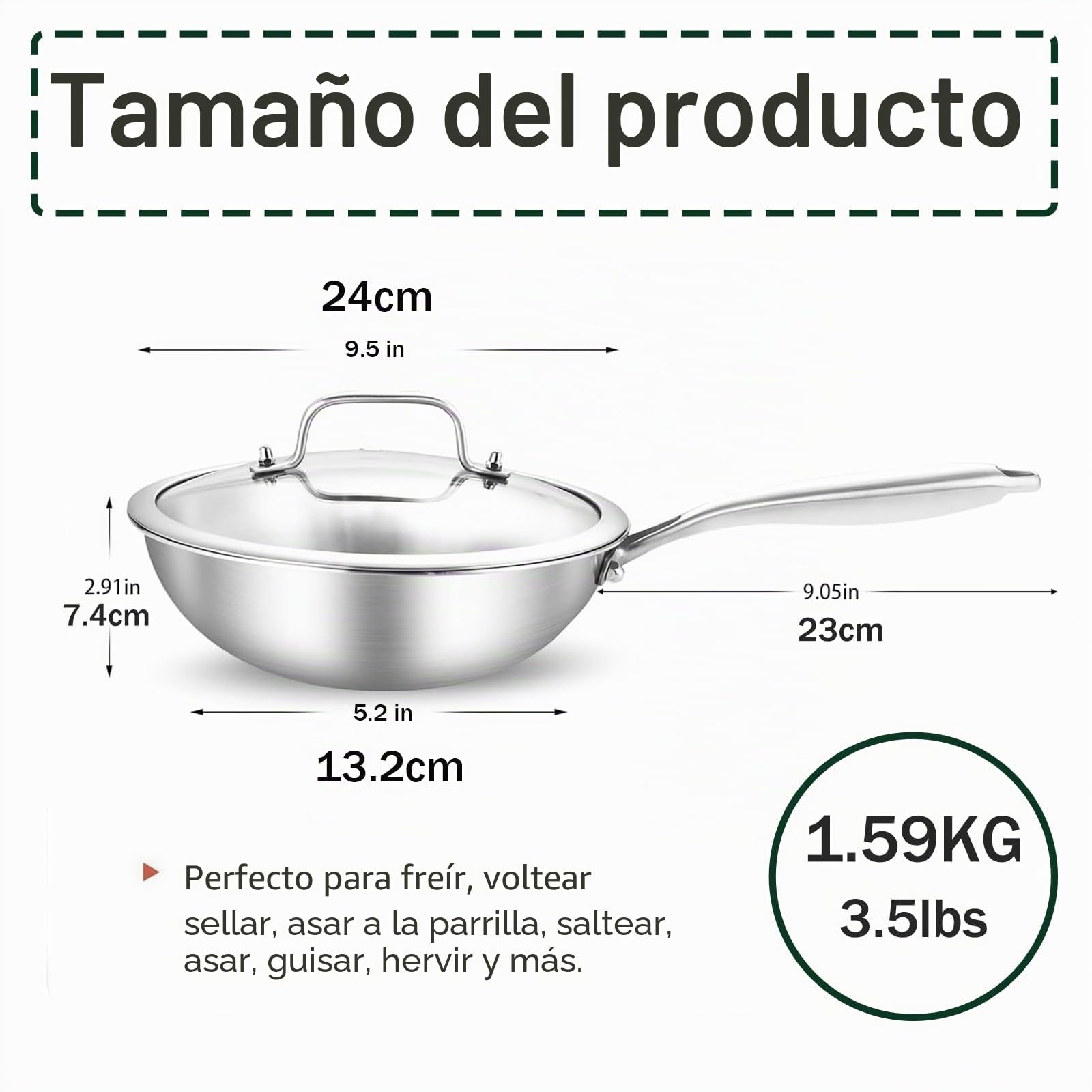 Sartén de acero inoxidable de 24 cm para inducción, wok, toda la olla de acero de tres capas, con tapa, apta para inducción y cocina de gas, 20% de ahorro de energía, apta para horno hasta