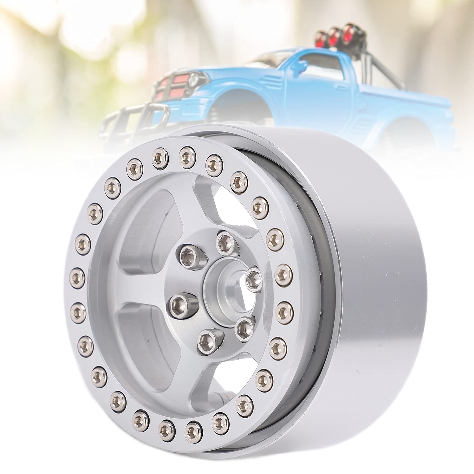 Ruote Beadlock da 1,9 pollici in lega di alluminio, cerchi argentati a 5 fori, cerchi per ruote RC antistrappo e antimacchia, con ruota, compatibili con AXIAL SCX10, TRX4, (Argento)