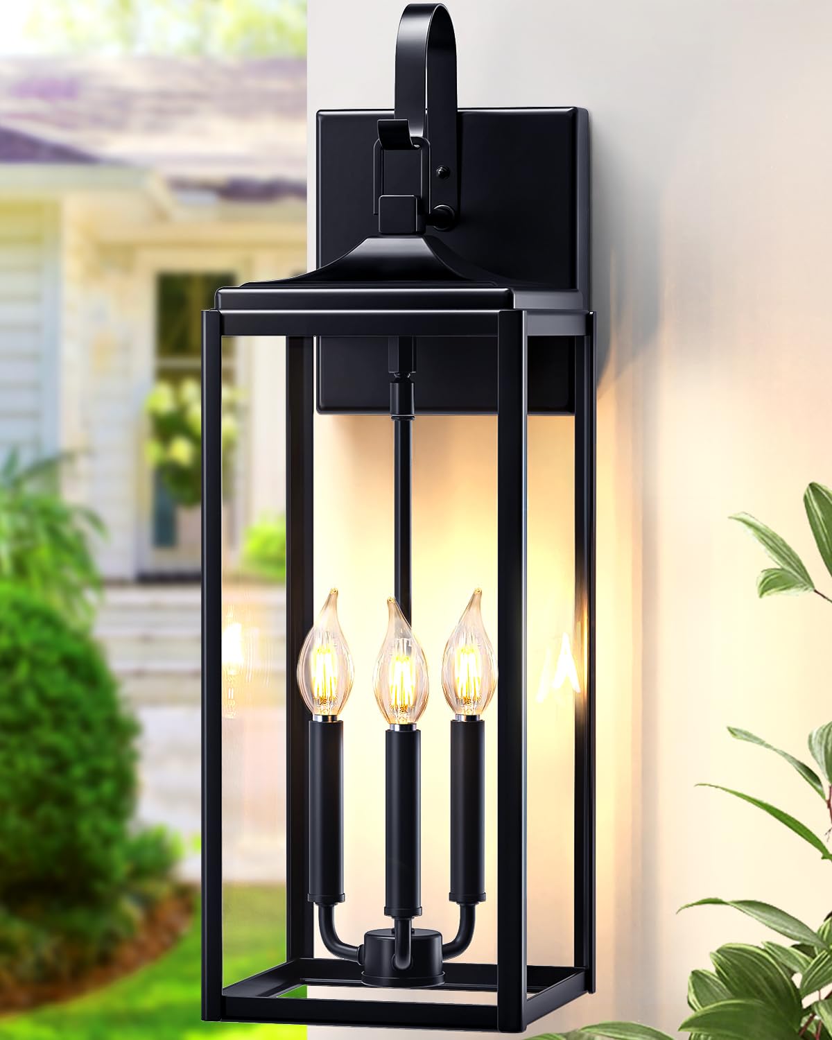 24" Extra Large Outdoor Wall Light, Black Exterior Lighting Fixtures Outdoor Porch Lantern Wall Mounted, Waterproof Modern Outside Wall Sconce, E12 3-Light Coach Lamp for House Patio Garage, 1 Pack
